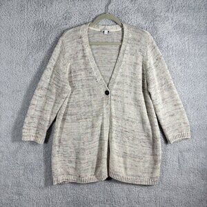 Linen Blend Knit Cardigan Size L Gray Space Dye Single Button 3/4 Sleeve